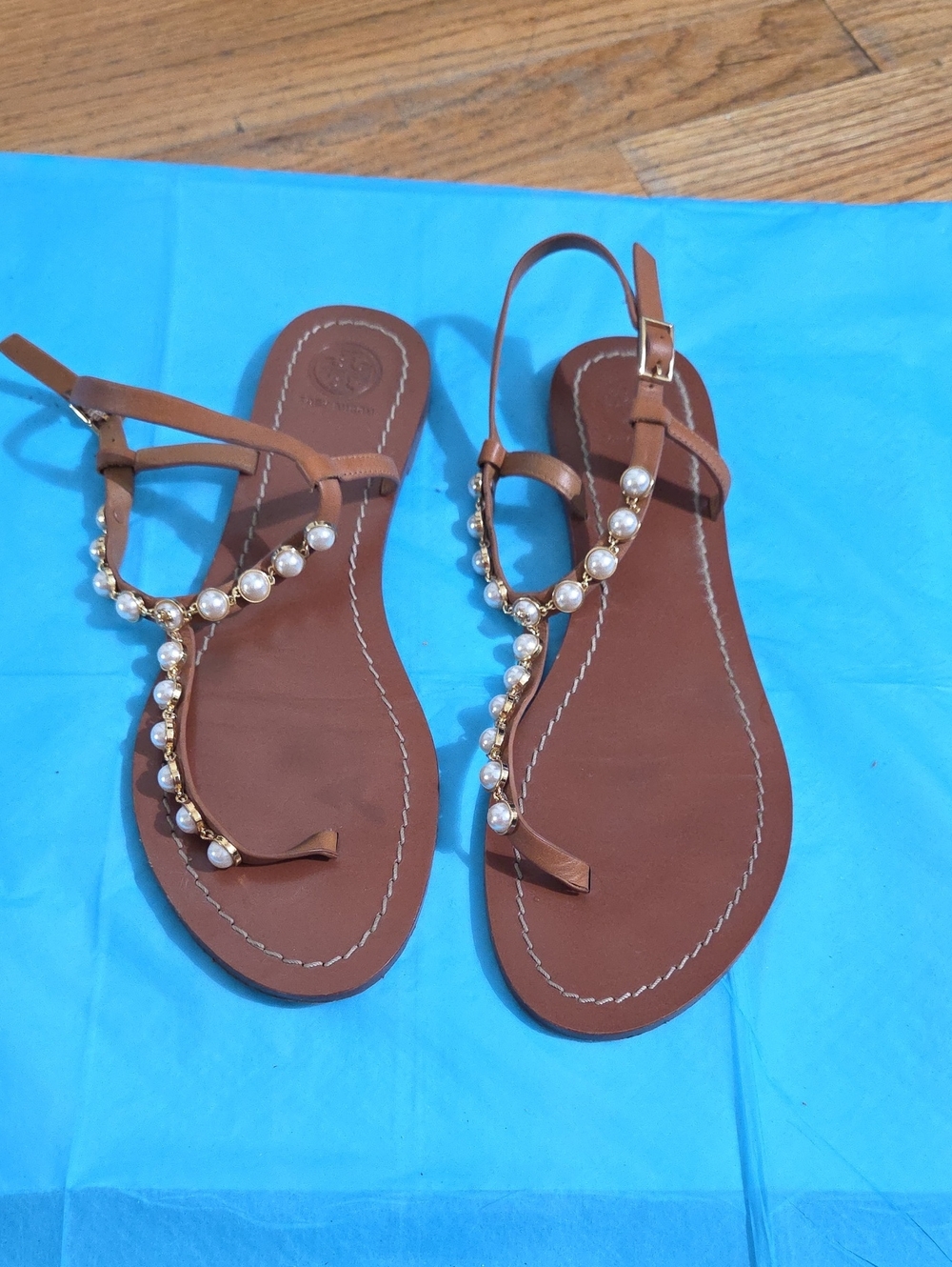 Tory Burch Brown Pearl-Embellished Leather T-Strap Sandals
